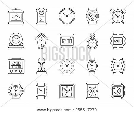 Watch Thin Line Icons Set. Outline Sign Kit Of Alarm Clock. Clock Linear Icon Collection Includes St