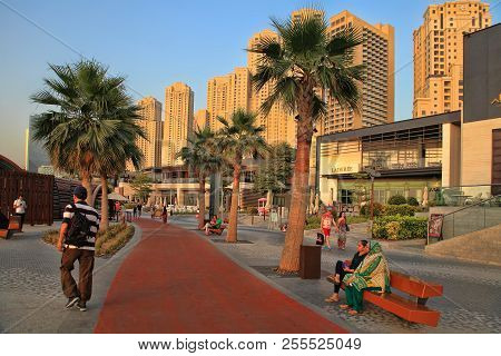 Dubai, Uae - May 08, 2018: Dubai Marina Promenade At Sunset. .dubai Marina Skyscrapers View, Dubai, 