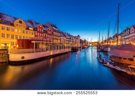 Copenhagen Nyhavn, New port of Copenhagen, at night in Denmark