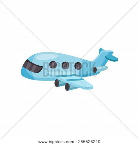 Cartoon Passenger Airplane. Small Blue Plane With Jet Engines. Flat Vector For Mobile Game Or Advert