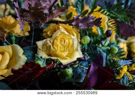 Bouquet Of Yellow Roses In Dew Drops