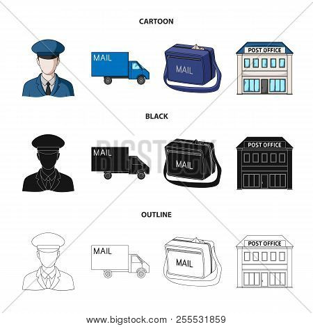 The Postman In Uniform, Mail Machine, Bag For Correspondence, Postal Office.mail And Postman Set Col