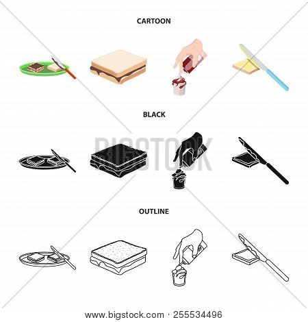 Dessert With Cream, A Sandwich And Other Food. Food Set Collection Icons In Cartoon, Black, Outline 