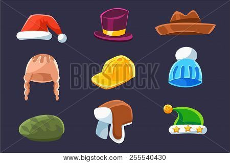 Different Types Of Hats And Caps, Warm And Classy For Kids And Adults Serie Of Cartoon Colorful Vect