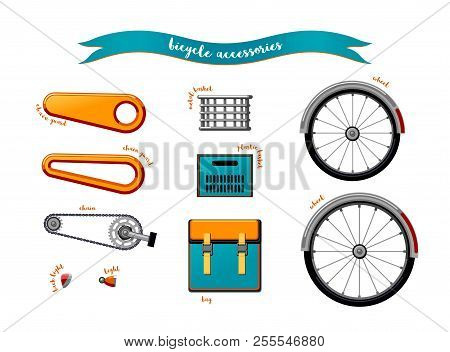 Urban Family Bike Accessories Flat Vector Set. Urban Bicycle, Leasure And Sport Transport For Family