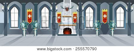 Cartoon Castle Hall With Knights, Fireplace And Windows In Big Room. Vector Illustration