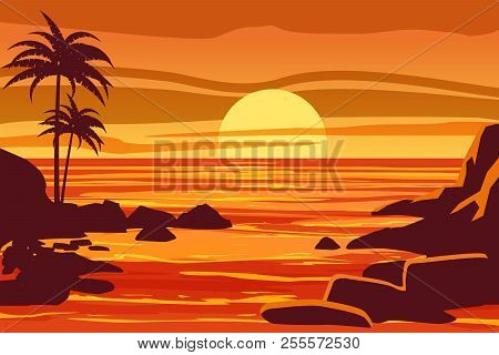 Tropical Beautiful Sunset, Landscape, Palms, Sea, Stones, Vector, Cartoon Style, Illustration Isolat