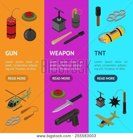 Weapons 3d Banner Vecrtical Set Isometric View. Vector