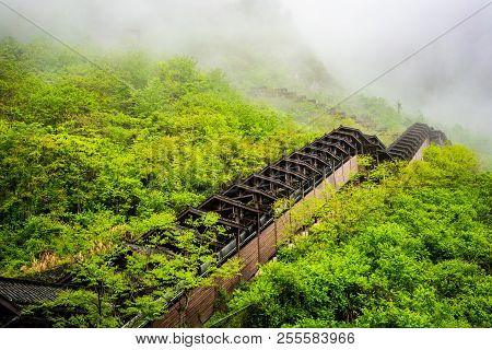 Escalator On Mountain Side At Enshi Mufu Grand Canyon Scenic Area And Misty Mountains In Hubei China