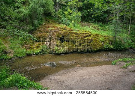 Waterfall At Wood, Nature, Green Grass And Water.