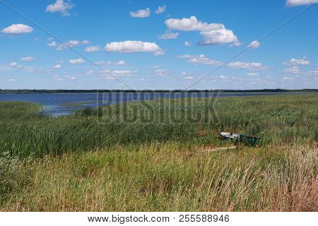 Siemianówka Artificial Lagoon In Summer Midday With Boat In Reed, Podlasie Region, Poland, Europe