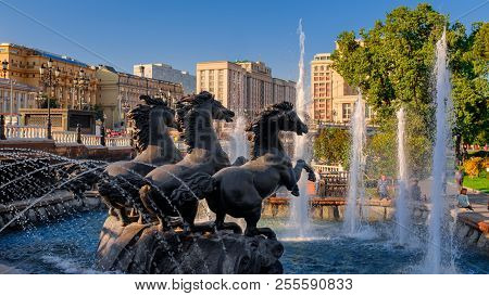 Four Seasons Fountain On Manezhnaya Square. Horse Statue In Moscow, Russia