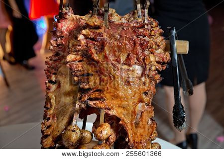 Many Cooking Traditional Turkish Roasting Lamb Barbecues.roasted Meat Over An Open Fire, Cooked In A