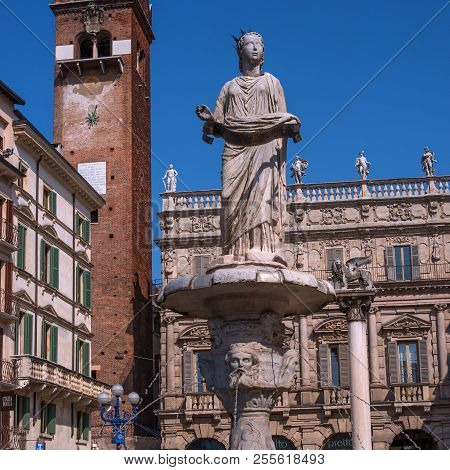 Verona, Italy - 06 May 2018: Madonna Verona Fountain On The Piazza Delle Erbe In Verona.