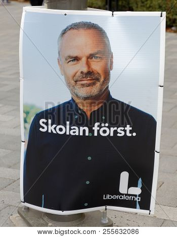 Stockholm, Sweden - Aug 27, 2018: Political Party Posters From The Right Wing Party Liberalerna  Try