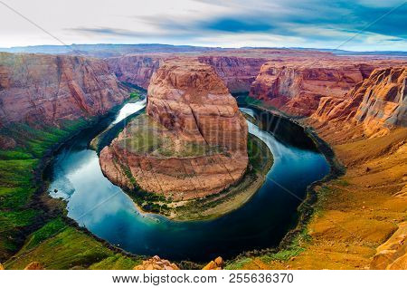 Horse Shoe Bend In Page Arizona, Usa. The Photo Is Taken In The Evening.