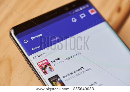 New York, Usa - August 28, 2018: Search Bar On Twitch  Service On Smartphone Screen Background Close
