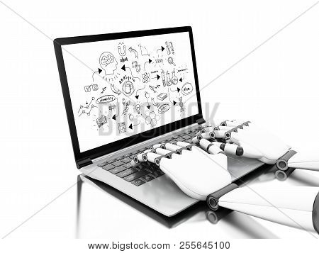 3D Robotic Hands Typing On A Laptop With Chemestry And Science Sketch Laptop