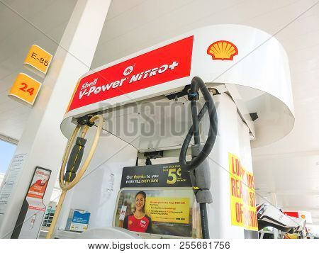 Orlando, Usa - May 8, 2018: Filling Nozzles At A Shell Gas Station At Orlando, Usa On May 8, 2018. S