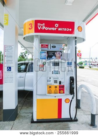 Orlando, Usa - May 8, 2018: Filling Nozzles At A Shell Gas Station At Orlando, Usa On May 8, 2018. S