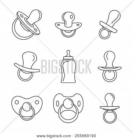 Pacifier Baby Dummy Care Nipple Newborn Child Icons Set. Outline Illustration Of 9 Pacifier Baby Dum