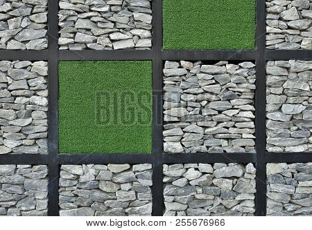 Modern Stone Wall And Grass, Stone Wall Background And Texture.