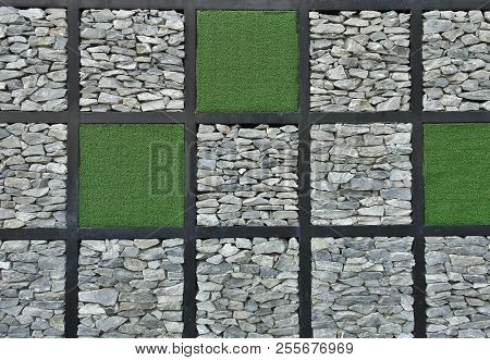 Modern Stone Wall And Grass, Stone Wall Background And Texture.