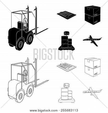 Forklift, Delivery Slips, Packaged Goods, Cargo On Weighing Scales. Logistics And Delivery Set Colle