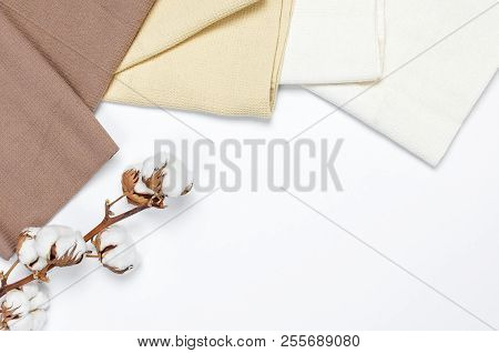 Multicolored Clean Towels With A Branch Of Cotton On A White Background Top View With Copy Space. Te