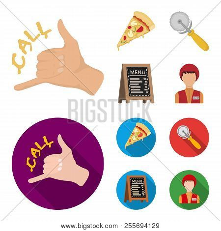 A Pizza Cutter, A Slice, A Menu In A Pizzeria, A Courier. Pizza And Pizzeria Set Collection Icons In