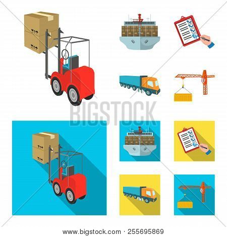 Sea Freight, Signature Of Delivery Documents, Truck, Tower Crane With A Container. Logistics And Del