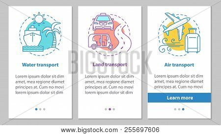 Modes Of Transports Onboarding Mobile App Page Screen With Linear Concepts. Land, Air And Water Tran
