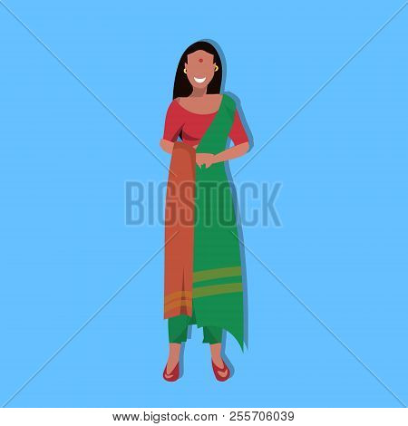Indian Woman Bindi Standing In National Traditional Clothes Female Cartoon Character Full Length Fla