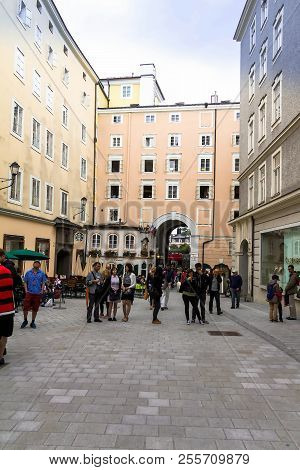 Salzburg, Austria - July 15, 2017: Tourists Near Birthplace Of Wolfgang Amadeus Mozart(composer); Mo