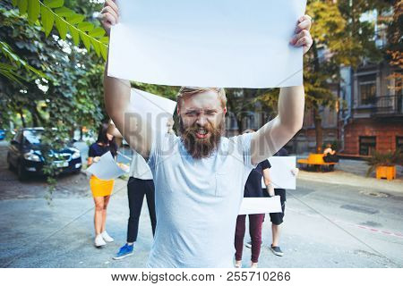 Group Of Protesting Young People Outdoors. The Protest, People, Demonstration, Democracy, Fight, Rig