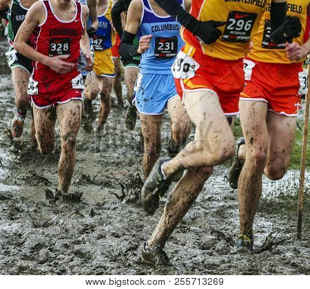 Portland, Oregon, Usa - 4 December 2010: High School Cross Country Runners Splashing In The Mud Duri