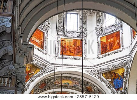 Salzburg, Austria- July 15, 2017: Interior Of Baroque Cathedral Of The Roman Catholic Archdiocese