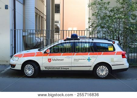 Erlangen, Germany - May 6, 2018: Volkswagen Passat Station Wagon Ambulance Car Parked In Germany. Or