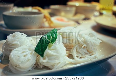 Thai Khanom Jeen Thin Rice Noodles Served On A Dish