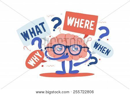 Adorable Curious Human Brain With Glasses Solving Riddles Surrounded By Questions And Interrogation 