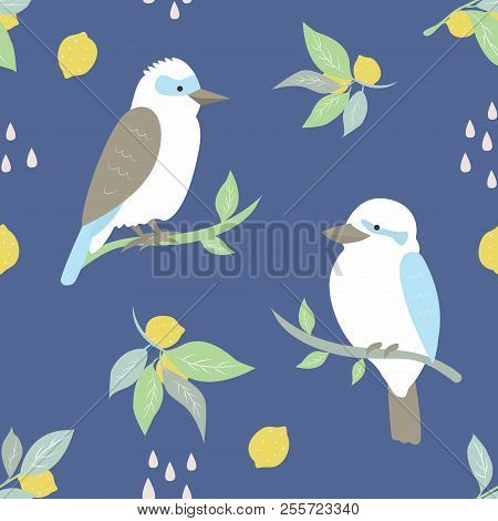 Beach Tropical Seamless Pattern With Kookaburra And Lemons