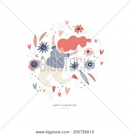 Vector Illustration Of Happy Fat Woman Jumping With Flowers Around And Place For Your Text