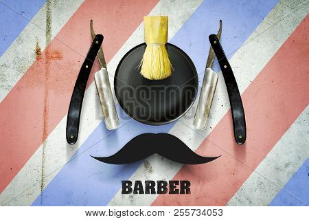 Hairdressing Razor And Shaving Brush On A Multi-colored Concrete Background. Inscription Barber. Pro