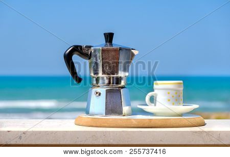 Moka Pot Coffee Maker Sea Background Italian Breakfast