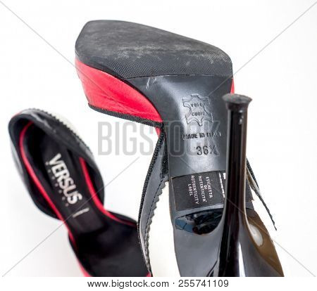 GOMEL, BELARUS - AUGUST 16, 2018: Versus (Versace) women's shoes. Versus (Versace) is the diffusion line of Italian luxury fashion house Versace.