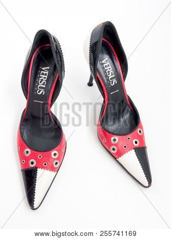 GOMEL, BELARUS - AUGUST 16, 2018: Versus (Versace) women's shoes. Versus (Versace) is the diffusion line of Italian luxury fashion house Versace.