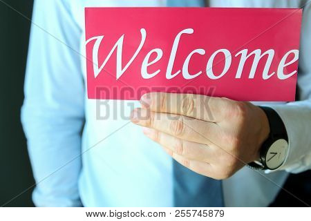 We Are Hiring! Man Inviting With Word Welcome. Recruter