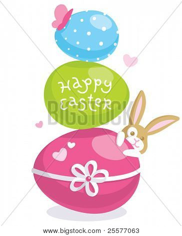 Easter greeting card with cute bunny and colored eggs