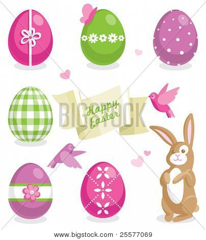 Easter set with colored eggs, cute bunny and other elements