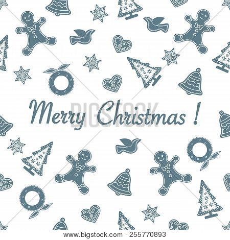 Seamless Pattern With Christmas And New Year Symbols. Christmas Trees, Christmas Wreath, Gingerbread